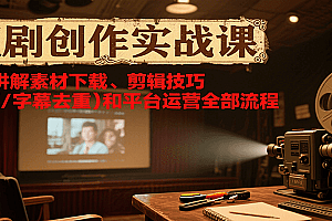 短剧创作实战课,系统讲解素材下载、剪辑技巧(画面/字幕去重)和平台运营全部流程