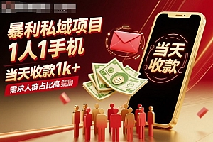 暴利私域项目1人1手机,当天收款1k+,需求人群占比高,当天就能见到钱