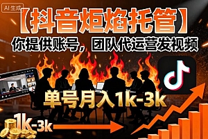 【抖音炬焰托管】你提供账号,团队代运营发视频,单号月入1k+【揭秘】