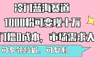 冷门蓝海赛道,1000粉可变现十W,无门槛0成本,市场需求大,可多领域做,可复制性强