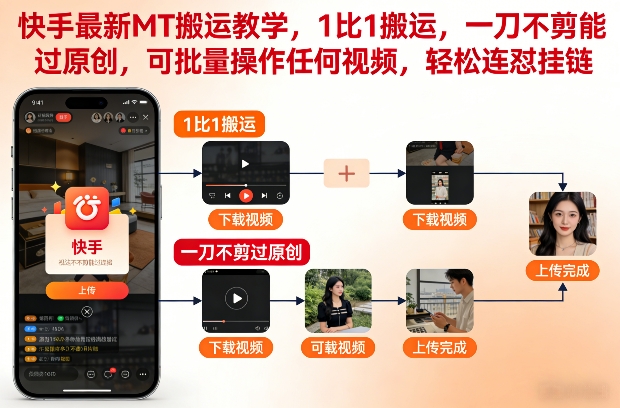 快手最新MT搬运教学,1比1搬运,一刀不剪能过原创,可批量操作任何视频,轻松连怼挂链